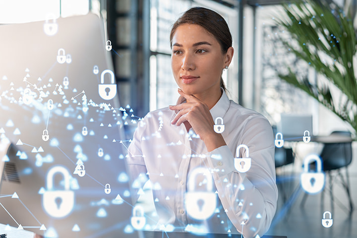 A woman begins cyber security training for a small business.